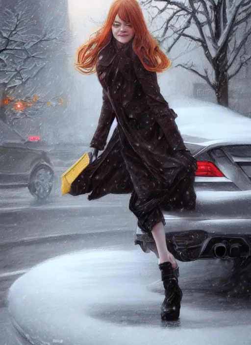 Image similar to ultra realistic illustration, emma stone getting out of a taxi in winter, intricate, elegant, highly detailed, digital painting, artstation, concept art, smooth, sharp focus, illustration, art by artgerm and greg rutkowski and alphonse mucha