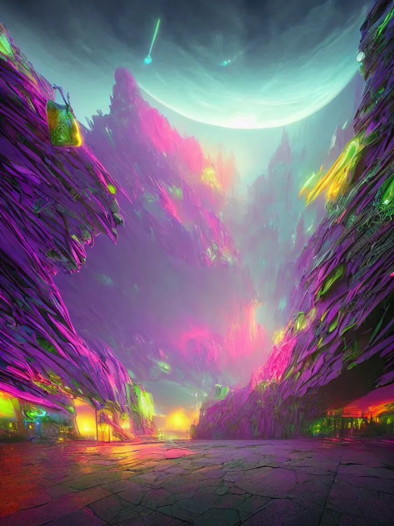 Image similar to entrance to ethereal realm, rendered in unreal engine, central composition, symmetrical composition, dreamy colourful cyberpunk colors, 6 point perspective, fantasy landscape with anthropomorphic!!! terrain!!! in the styles of igor morski, jim warren, and rob gonsalves, intricate, hyperrealistic, volumetric lighting, big sky, distinct horizon