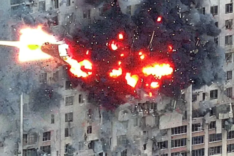 Image similar to militarily helicopter firing missiles smashes through high rise window, explosions, by Michael Bay