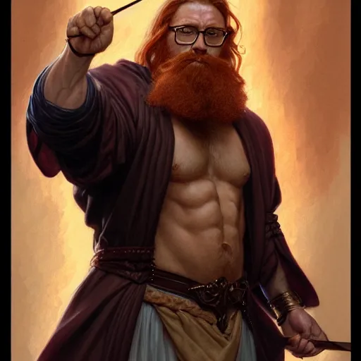 Prompt: portrait of a ginger bearded man with glasses, d & d, muscular! leather robes, fantasy, intricate, elegant, highly detailed, digital painting, artstation, concept art, sharp focus, illustration, art by artgerm and greg rutkowski and alphonse mucha