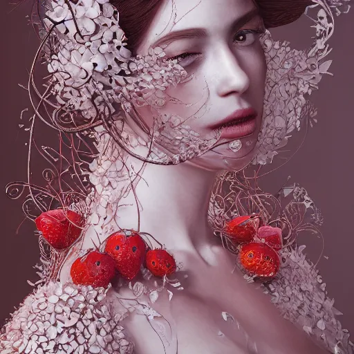Prompt: the professional photoshoot of an absurdly beautiful, graceful, elegant, sophisticated, fashionable young model made of strawberries and white petals, an ultrafine hyperdetailed illustration by kim jung gi, irakli nadar, intricate linework, bright colors, octopath traveler, final fantasy, unreal engine 5 highly rendered, global illumination, radiant light, detailed and intricate environment