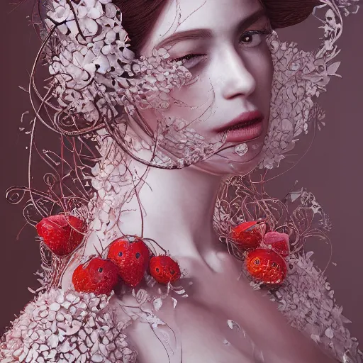 Image similar to the professional photoshoot of an absurdly beautiful, graceful, elegant, sophisticated, fashionable young model made of strawberries and white petals, an ultrafine hyperdetailed illustration by kim jung gi, irakli nadar, intricate linework, bright colors, octopath traveler, final fantasy, unreal engine 5 highly rendered, global illumination, radiant light, detailed and intricate environment