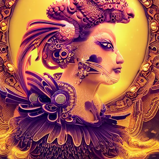 Image similar to 3 d goddess close - up frontal portrait with ram golden skull. beautiful intricately detailed japanese crow kitsune mask and clasical japanese kimono. betta fish, jellyfish phoenix, bio luminescent, plasma, ice, water, wind, creature, mandelbulb, fractal, artwork by tooth wu and wlop and beeple and greg rutkowski