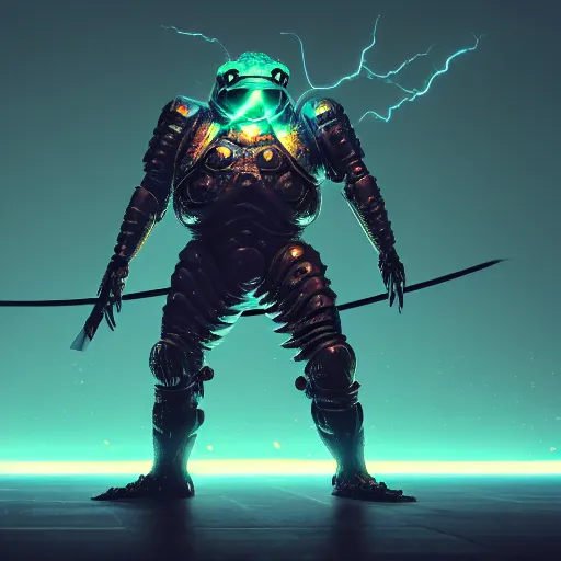 Image similar to wide shot, photo of a toad head, a huge humanoid toad-man with a katana, in a heavy futuristic armour without a helmet, hyper realistic, hyper detailed, coherent photo, trending on artstation, cyberpunk, Japanese style, volumetric lightning, neon, electric colours, Cinematic, Dramatic, Film Grain, Kodak Portra, Depth of Field, 15 mm octane render, 4k, raytracing, blender