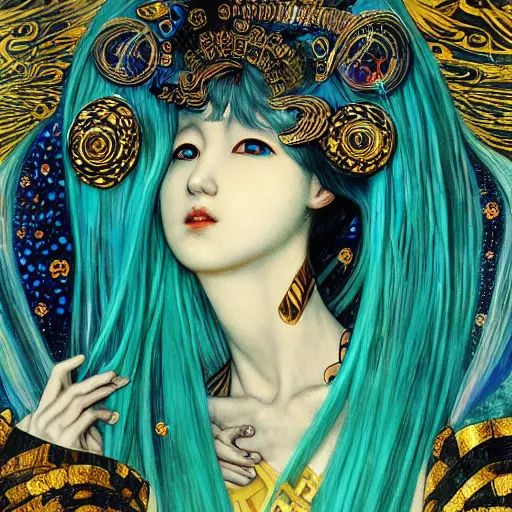 Image similar to hatsune miku, official artwork, danbooru, by Karol Bak, Jean Deville, Gustav Klimt, and Vincent Van Gogh, Surreality, fractal structures, arcane, ornate gilded medieval icon