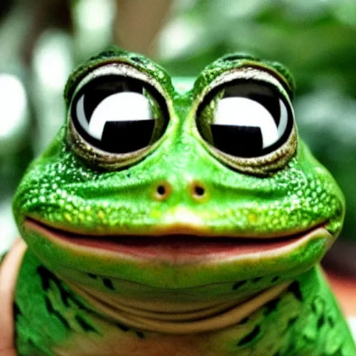 Image similar to pepe green frog big head cute eyes fantasy action scene photo