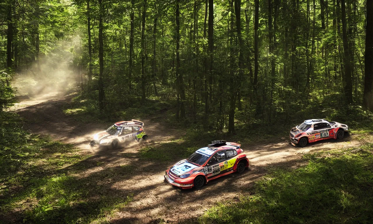 Image similar to 3 rally cars racing through a forest with a river behind them, sun shining through the trees, motion blur high detail ultra realistic 8k,