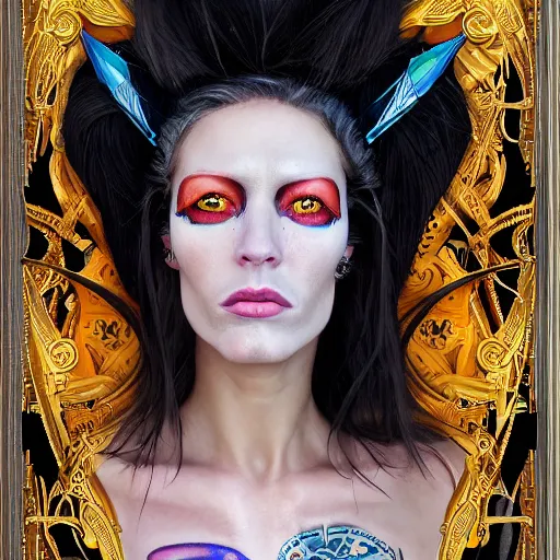 Image similar to an award finning closeup facial portrait by luis rogyo and john howe of a bohemian female cyberpunk traveller clothed in excessively fashionable 8 0 s haute couture fashion and wearing ornate art nouveau body paint