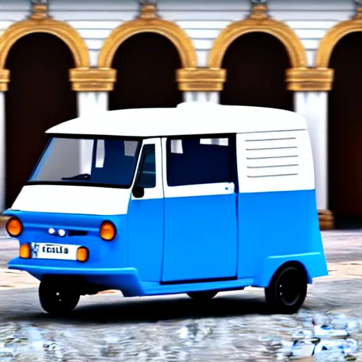 Image similar to super realistic 8 k render of a blue and white tuk tuk, powerful elegant, cinematic composition