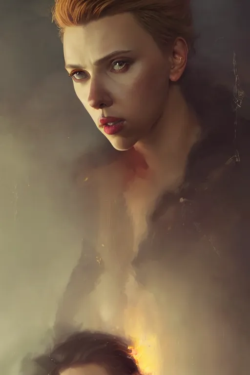 Image similar to a fancy portrait of a Scarlett Johansson with as a Demon by Greg Rutkowski, Sung Choi, Mitchell Mohrhauser, Maciej Kuciara, Johnson Ting, Maxim Verehin, Peter Konig, final fantasy , mythical, 8k photorealistic, cinematic lighting, HD, high details, atmospheric,