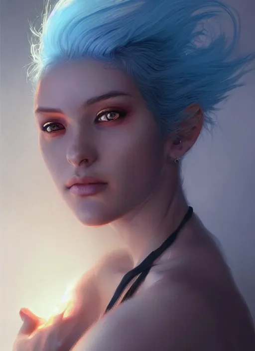 Image similar to girl with unkempt blue hair, beautiful highly detailed face, complementary lighting, backlit, eyeshadow, divine, beautiful painting by artgerm and greg rutkowski and raymond swanland