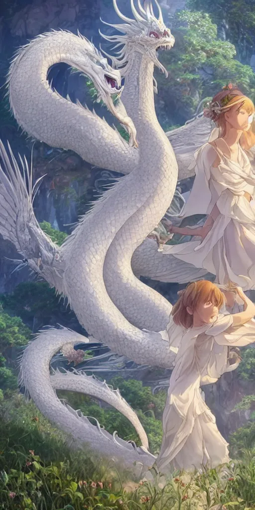 Prompt: the beautiful hyper detailed scene render that a beautiful girl lies in the arms of a huge silver white dragon alone in the fairyland surrounded by white clouds, finely detailed angelic face delicate features, style of studio ghibli, makoto shinkai, raphael lacoste, louis comfort tiffany, artgerm, james jean, ross tran, animation style, hd, ultra wide angle