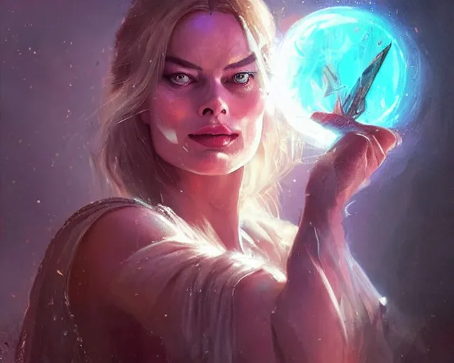 Image similar to margot robbie as a beautiful magician casting colorful spells, fantasy art, in the style of greg rutkowski, illustration, epic art, fantasy, intricate, elgant, amazing detail, digital painting, artstation, concept art, smooth, sharp focus