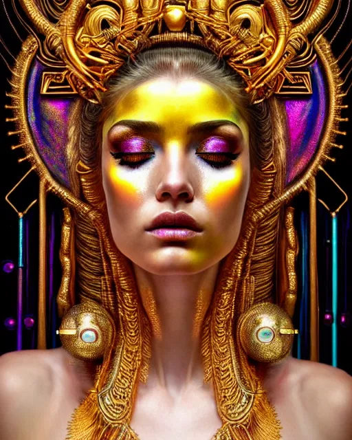 Image similar to hyperrealistic detailed portrait of a beautiful goddess in an iridescent - gold ornamental headdress, intricate cyberpunk make - up, golden face tattoos, art by android jones, john william godward, nekro borja, gothic - cyberpunk, beautiful deep colours,