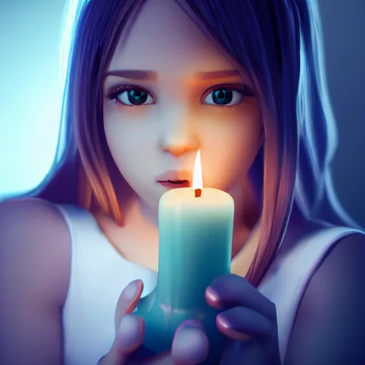 Image similar to A cute girl holding a glowing candle, fragile, soft, vray, Cimema 4D, 3d character, game character