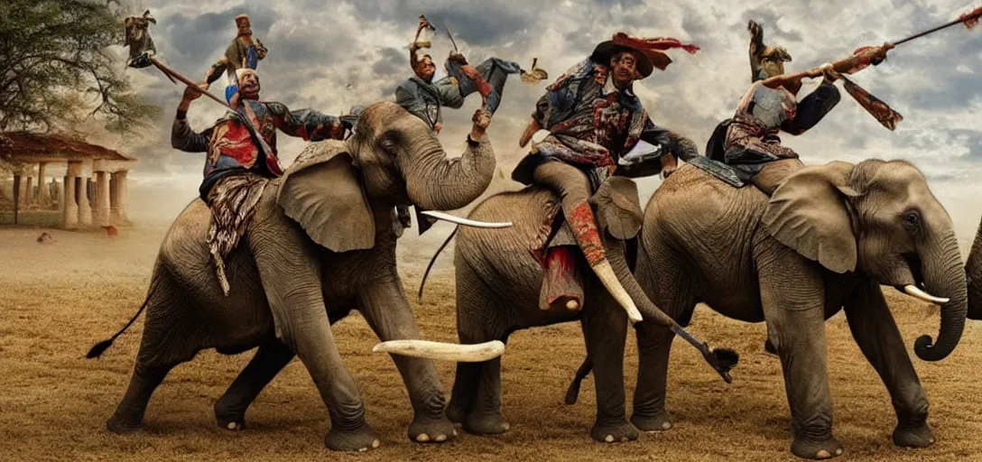 Prompt: the elephant duel of warlords who fight on back of their decorative war elephants, high quality realistic face, a colorized photo, colorized, # film, movie still