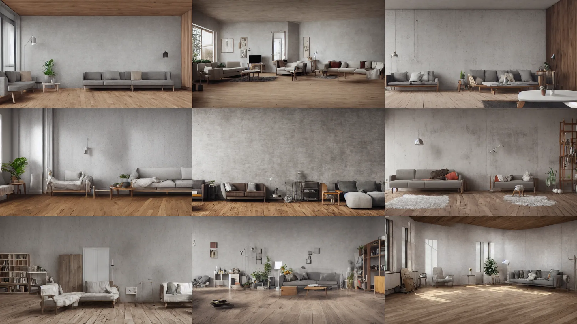 Prompt: photorealistic render of a living room, wooden floor, concrete wall, victorian furniture, scandinavian architecture