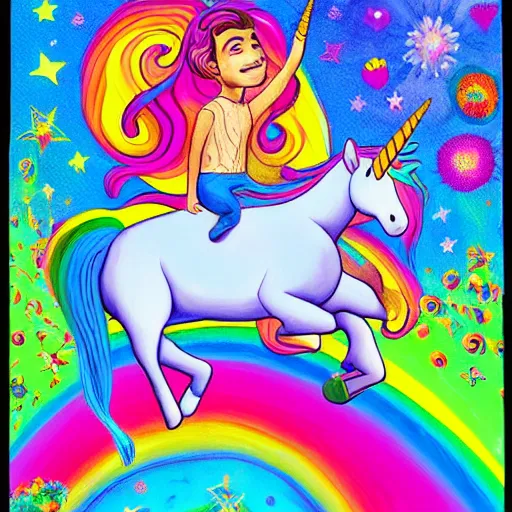 Image similar to a painting of a woke man riding an unicorn, a storybook illustration by Lisa Frank, featured on pixiv, magical realism, irridescent, storybook