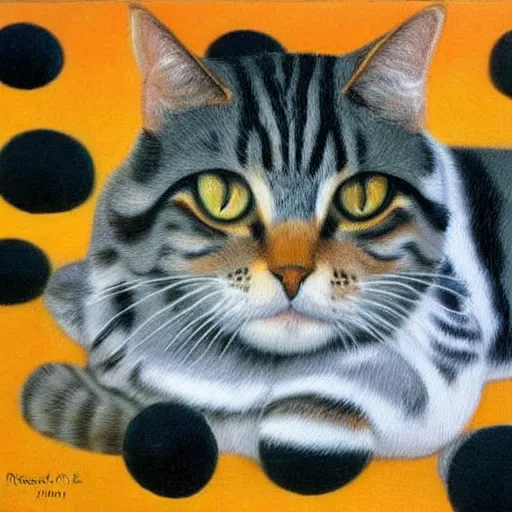 Image similar to painting of a mackerel tabby cat by rene magritte, hd, 4 k, detailed, award winning, orange, white, black