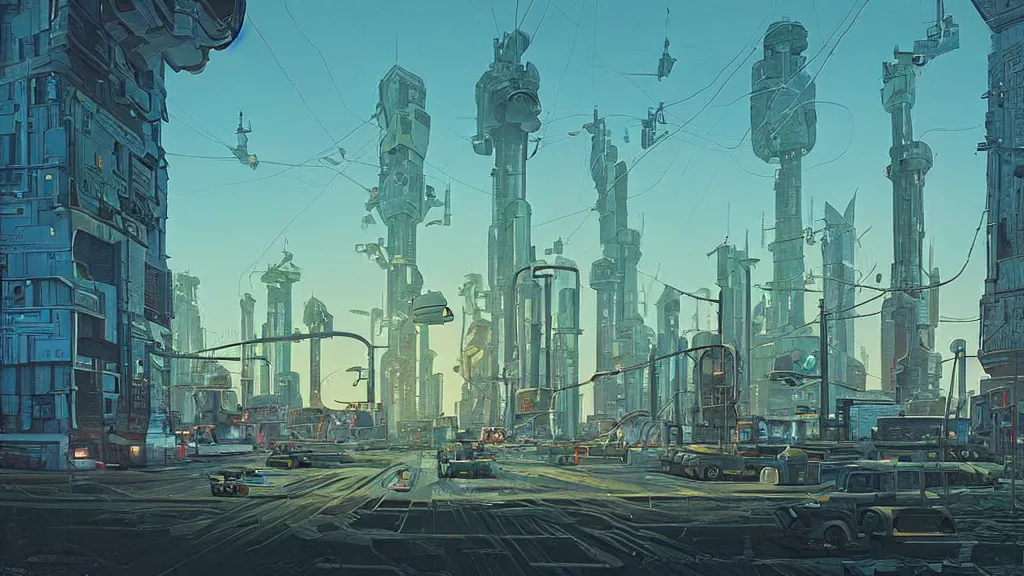 Prompt: sci fi city, 3 point perspective, by simon stålenhag and Michael Whelan, high contrast, cinematic