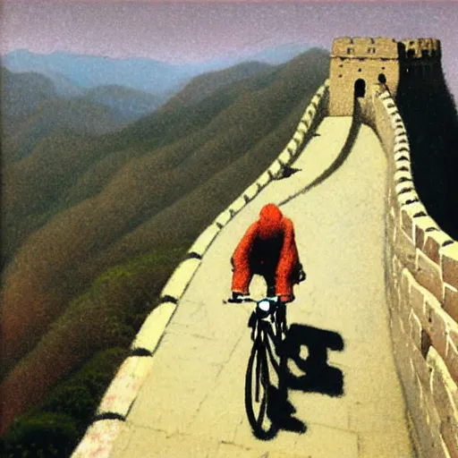 Prompt: biker on the great wall. by michael sowa.