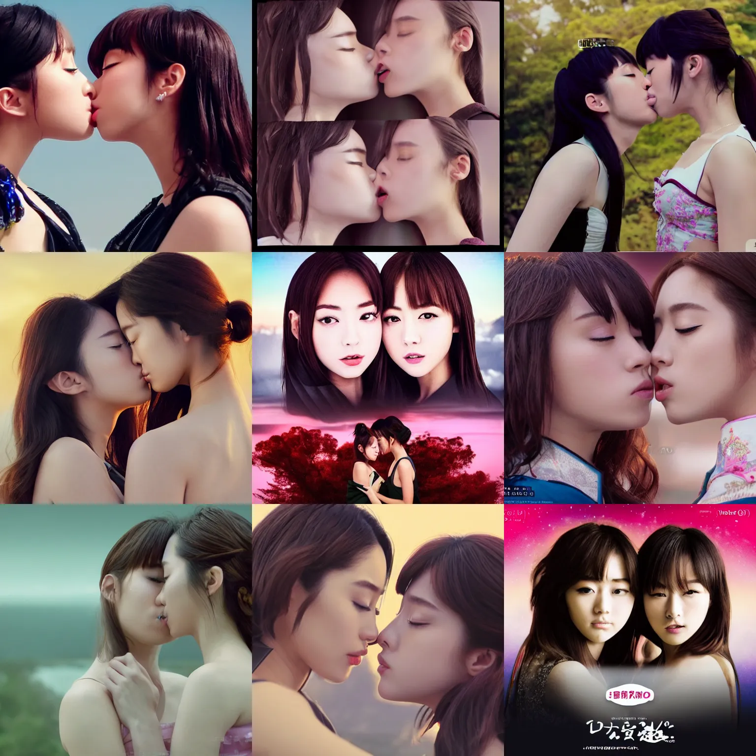 Image similar to unbelievably beautiful, perfect, dynamic, epic, cinematic 8 k hd movie shot, kiss of two japanese beautiful cute young j - pop idols actresses girls, they kiss each other. motion, vfx, inspirational arthouse, high budget, hollywood style, at behance, at netflix, with instagram filters, photoshop, adobe lightroom, adobe after effects, taken with polaroid kodak portra