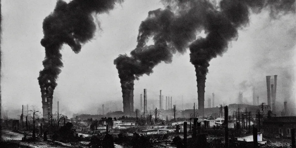 Image similar to industrial city destroying nature, 1 9 2 0 s spirit portrait photography, smoking chimneys, burning trees, cleared forest, huge industrial buildings, eerie, dark, by william hope