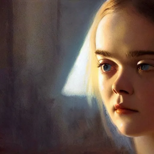 Image similar to ultra realistic medium shot of elle fanning in prey, art by frank frazetta and michael sowa, roger deakin ’ s cinematography, 4 k, ultra realistic, head and shoulders, oil on canvas, highly detailed, epic lighting