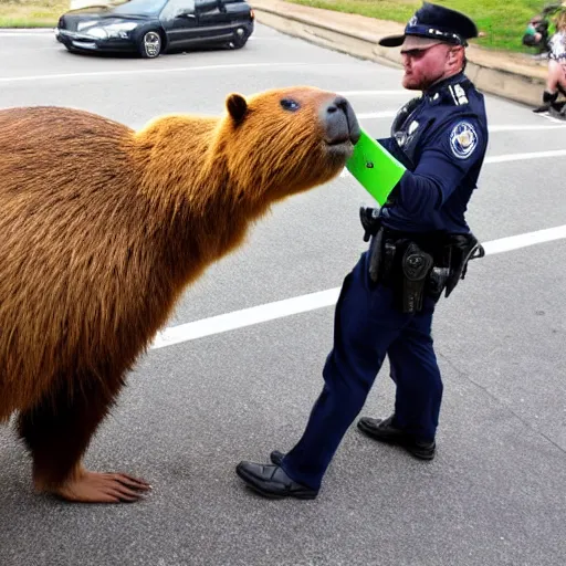 Prompt: capybara police arresting a bear