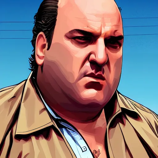 Prompt: Tony Soprano in the style of a GTA loading screen, Stephen Bliss, trending on artstation