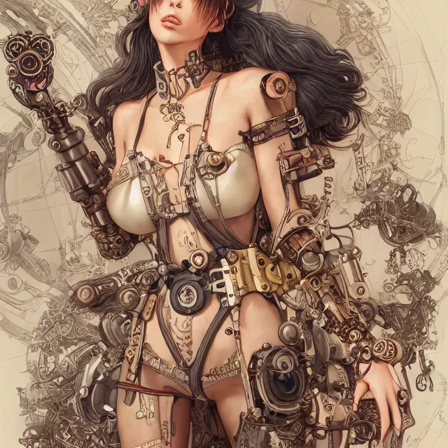 Image similar to the portrait of true neutral semi - colorful female steampunk cyborg mechanist as absurdly beautiful, gorgeous, elegant, young swimsuit model, an ultrafine hyperdetailed illustration by kim jung gi, irakli nadar, intricate linework, bright colors, octopath traveler, final fantasy, unreal engine 5 highly rendered, global illumination, radiant light, detailed and intricate environment