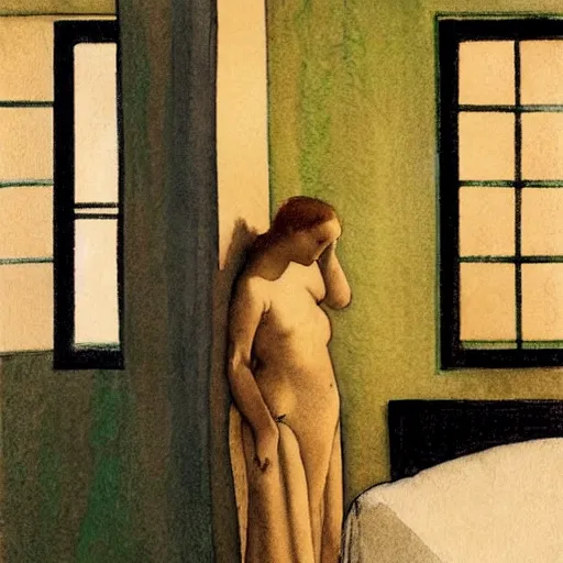 Prompt: a lonely girl in a liminal hotel room, watercolor by pontormo, limited color palette, very intricate, art nouveau, highly detailed, lights by hopper, soft pastel colors, minimalist