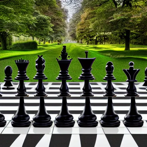 Image similar to a photo of four chess pieces with legs walking across a pedestrian crossing, like beatles abbey road, perspective, trees in the background