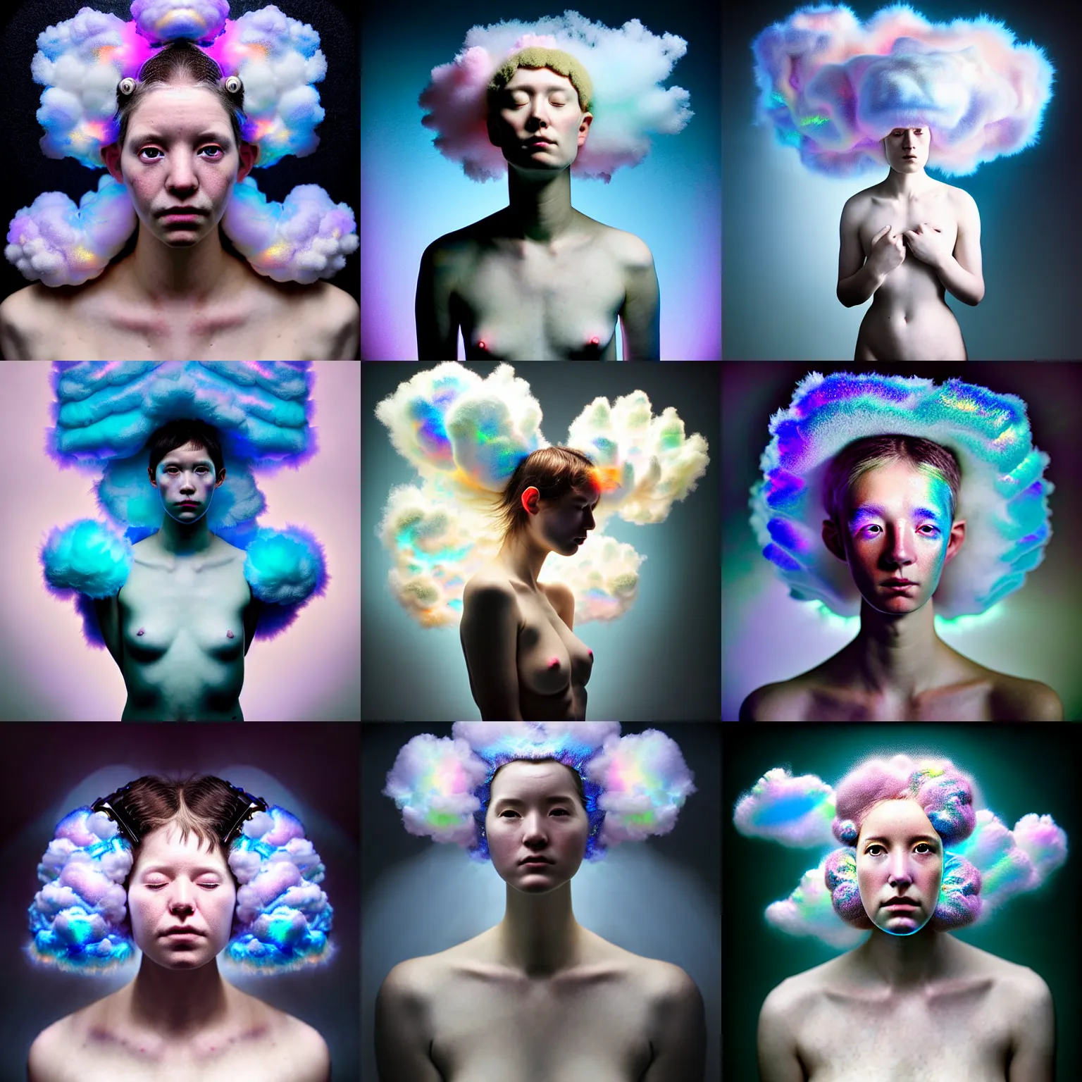 Prompt: photographic portrait of a person made of fluffy iridescent clouds by anne geddes and robin eley and ross tran and jusepe de ribera and brom, cybernetic components!!, electrical wiring!, ring light highly detailed digital art masterpiece, pearlescent