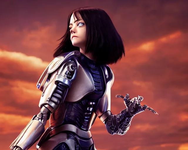 Prompt: a film still from battle angel alita played by actress emma stone, portrait, cinematic lighting, photorealistic, hyperrealistic, highly detailed, photorealistic, high resolution, 4 k