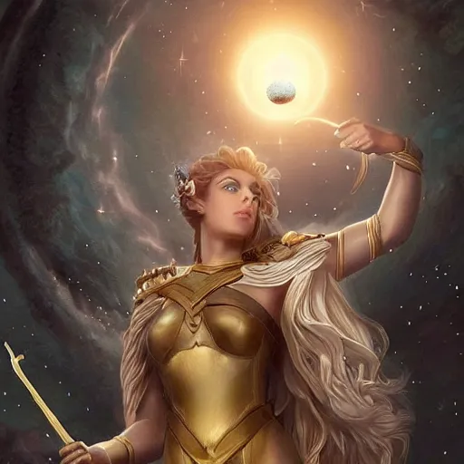 Prompt: [ artemis holding the moon in her hands ]!!, closeup!!, macro!!, filling it with magical energy, digital art, tarot card, portrait!!, trending on polycount, cgsociety contest winner, digital art, 4 k, detailed, intricate, illustrated by artgerm, greg rutkowski, gaston bussiere, magali villeneuve