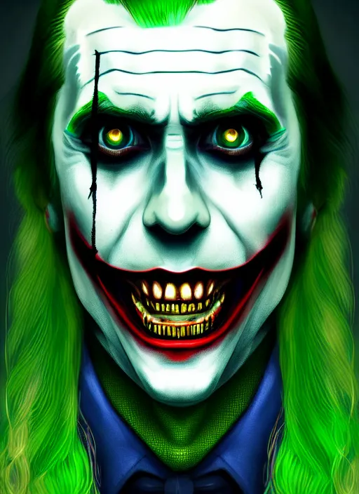 Image similar to portrait of jared leto as the joker, green hair, intricate, elegant, glowing lights, highly detailed, digital painting, artstation, concept art, sharp focus, illustration, art by wlop, mars ravelo and greg rutkowski