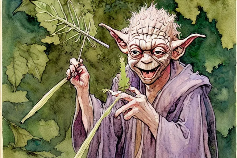 Image similar to a realistic and atmospheric watercolour fantasy character concept art portrait of yoda with pink eyes smiling and holding a blunt with a pot leaf nearby, by rebecca guay, michael kaluta, charles vess and jean moebius giraud