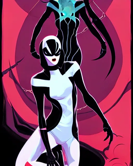 Image similar to rafael albuquerque comic art, peter mohrbacher, phil noto, artgerm, pretty emma stone spider - gwen venom, symmetrical eyes