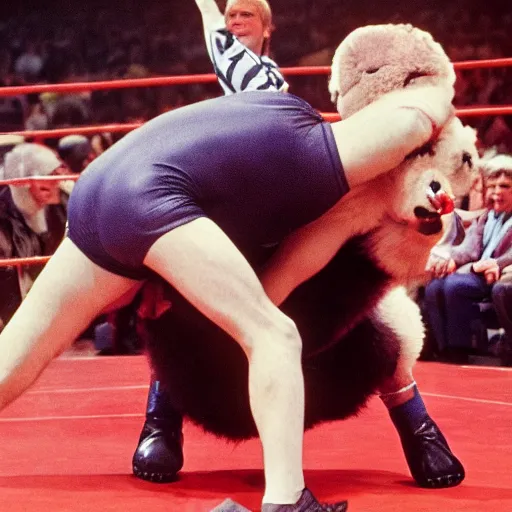 Image similar to maniac marvin mcglory wrestling a bear. madison square garden, 1 9 6 8.