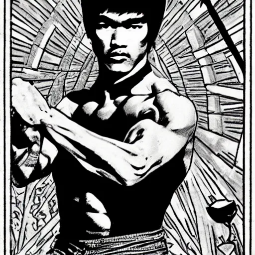 Prompt: Bruce Lee on Tarot card, black and white , in the style of Mucha