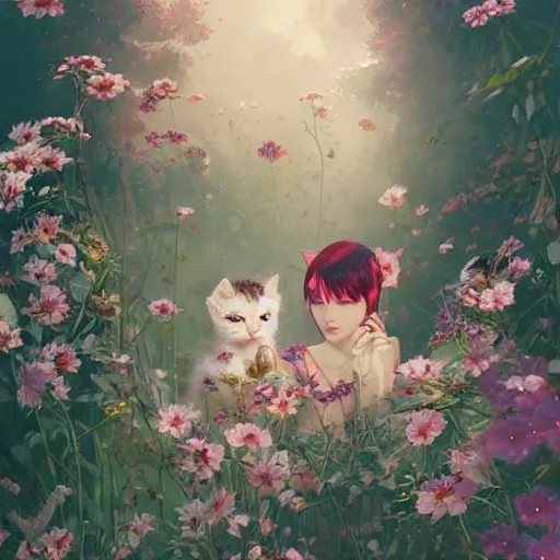 Image similar to kittens in flowers, intricate complexity, by greg rutkowski, artgerm, ross tran, conrad roset, takato yomamoto, ilya kuvshinov. 4 k, beautiful, cinematic dramatic atmosphere