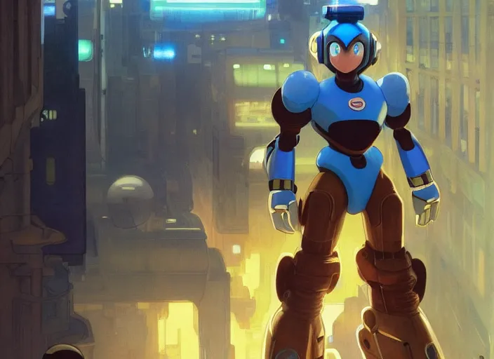 Image similar to megaman x still robotic man look at the cityscape from roof perfect face fine realistic face pretty face neon puffy jacket blue futuristic sci - fi elegant by denis villeneuve tom anders zorn hans dragan bibin thoma greg rutkowski ismail inceoglu illustrated sand storm alphonse mucha