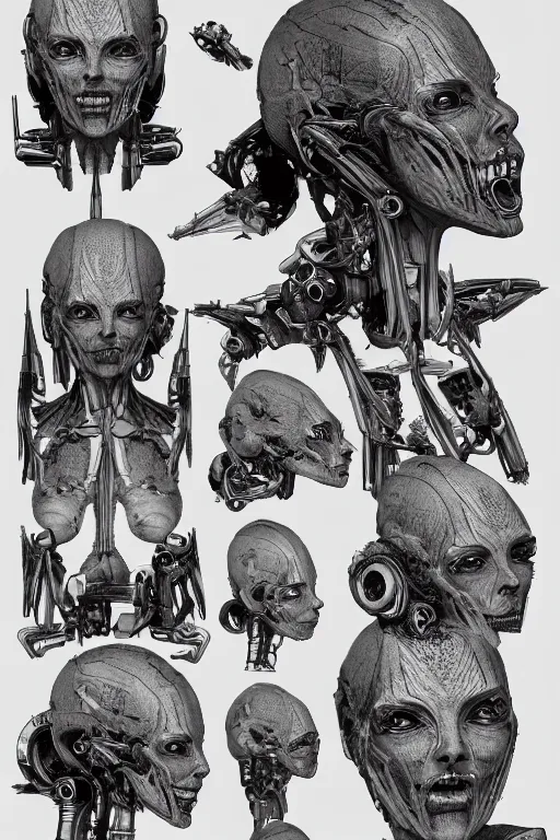 Image similar to she devil with gunmetal grey skin, medical anatomy, very symmetrical face, highly detailed, mecha, three - perspective / three - view reference sheet ( front / back / side ), in the style of dan ouellette, hr giger, sil from species, dren from splice, biomechanical, artstation, unreal engine