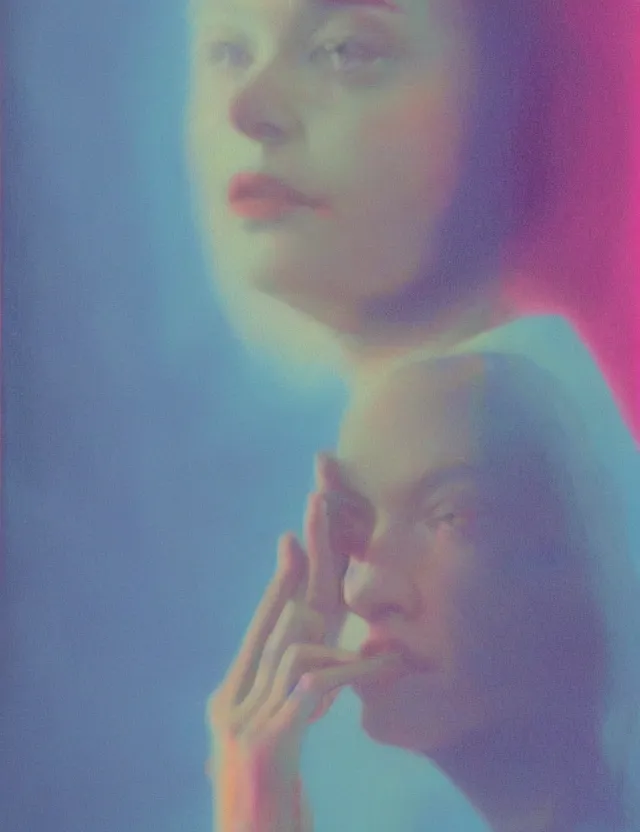 Image similar to woman in a tv screen, blue rays from tv, redshift, wide shot, coloured polaroid photograph, pastel, kodak film, hyper real, stunning moody cinematography, by maripol, fallen angels by wong kar - wai, style of suspiria and neon demon, david hockney, detailed, oil on canvas