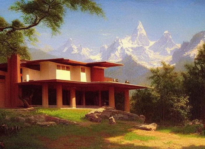 Image similar to painting of a frank lloyd wright house in front of beautiful mountains by albert bierstadt