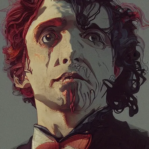 Image similar to sweeney todd as the demon barber standing atop a mountain looking down on london, surreal, intricate, headshot, highly detailed, digital painting, artstation, concept art, cinematic lighting, illustration, art by artgerm and greg rutkowski, alphonse mucha, cgsociety, science fiction