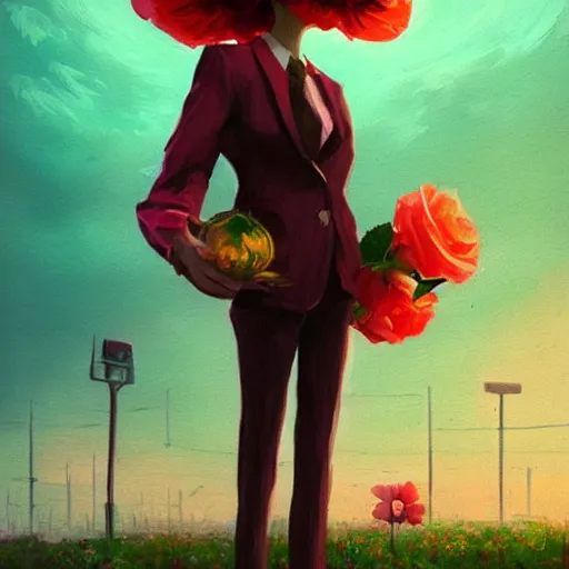 Image similar to closeup, giant rose flower head, frontal, a girl in a suit, surreal photography, sunrise, dramatic light, impressionist painting, digital painting, artstation, simon stalenhag