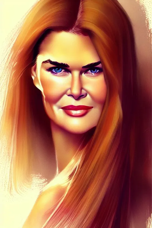 Image similar to mix of beautiful young maria shriver, mariel hemmingway, brooke shields, nicole kidman and elle macpherson as a young bikini model, thin lips, hair tied up in a pony tail, dark blonde hair, colorful, artstation, cgsociety