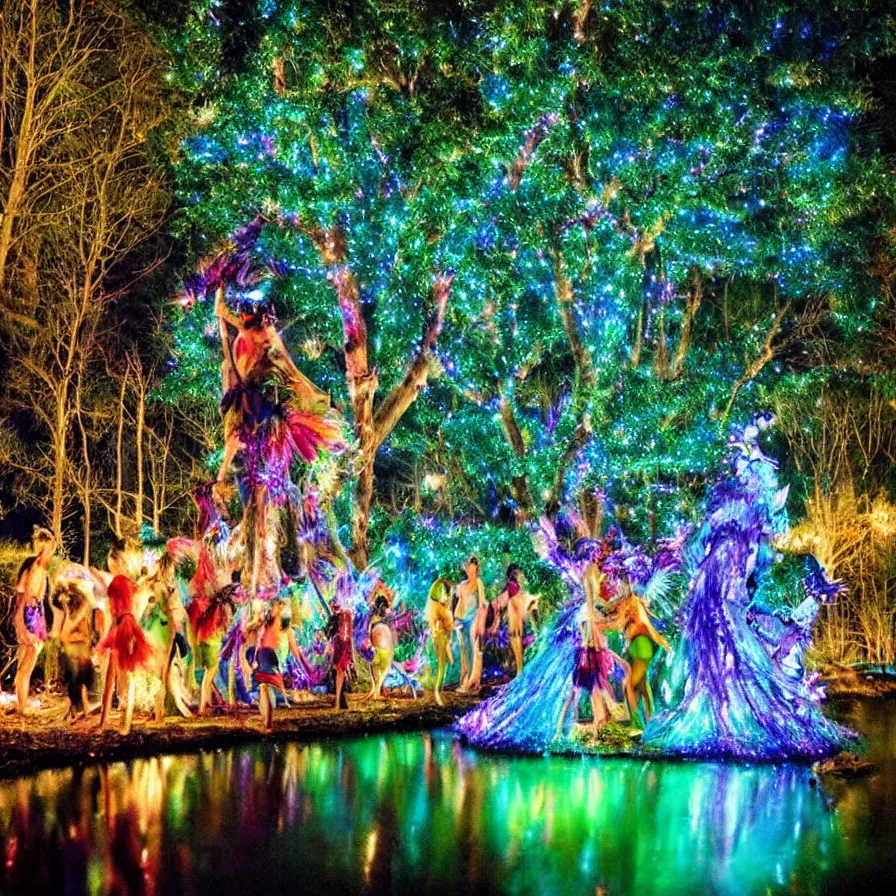 Image similar to a night carnival fairies around a magical tree next to a lake with iridiscent water, christmas lights, volumetric lightning, creatures and fantastic people disguised as fantastic creatures in a magical forest by summer night, masterpieceunderwater scene, masterpiece painted by slim aarons, scene by night